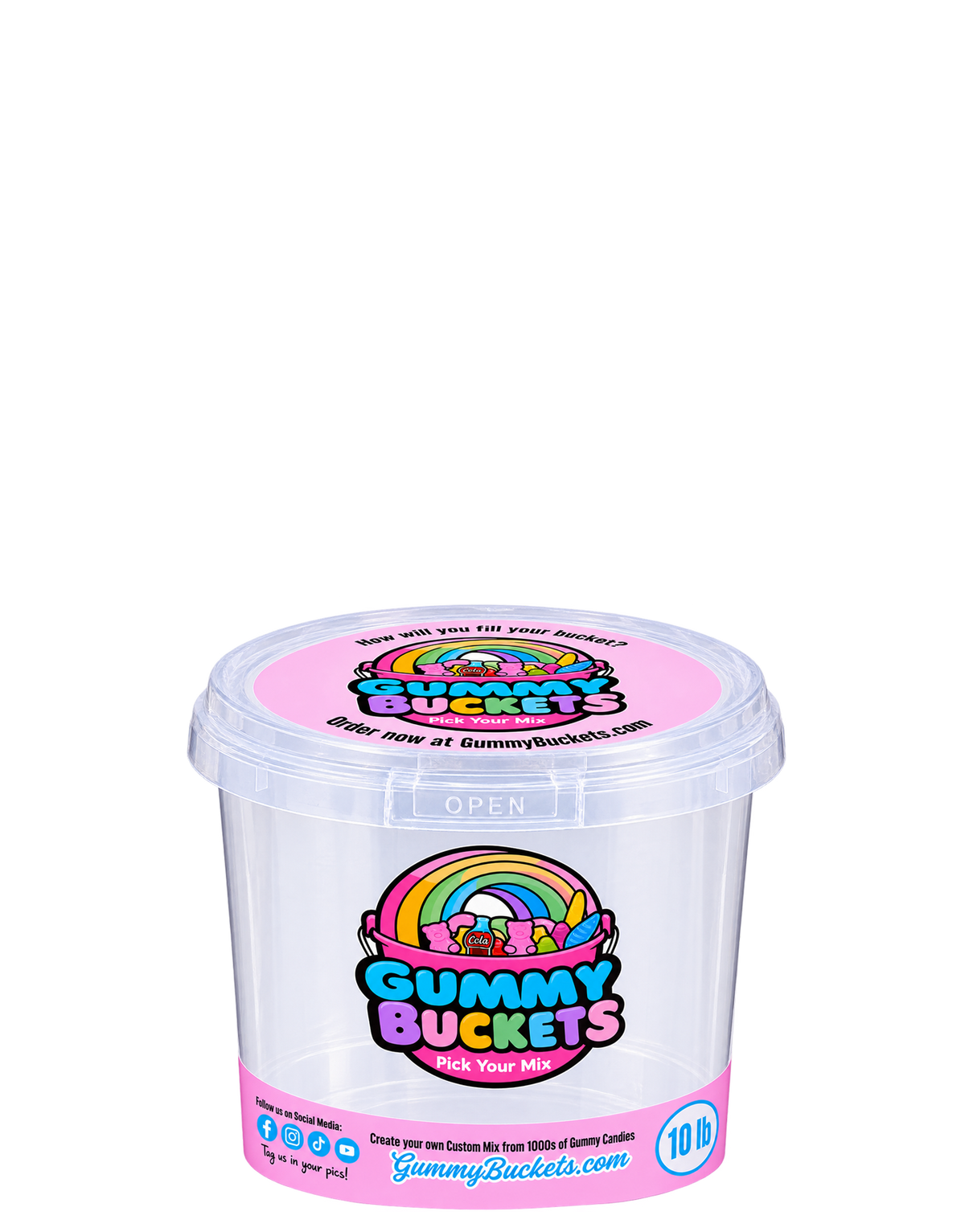 A clear plastic Gummy Bucket container with a pink lid and a colorful Gummy Buckets logo label on the front, shown on a plain white background.