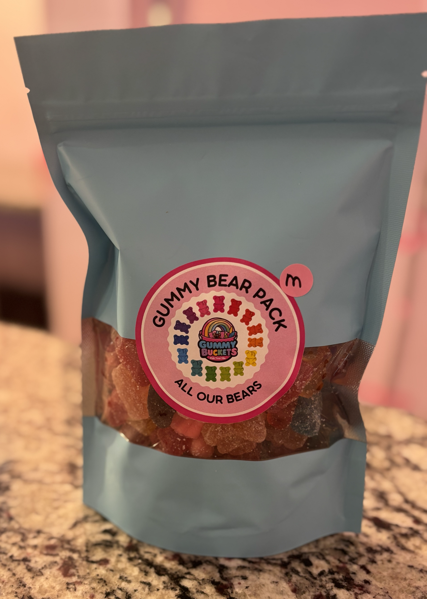 1 Pound Package of Mixed Sour and Not Sour Gummy Bear Candy from Gummy Buckets.