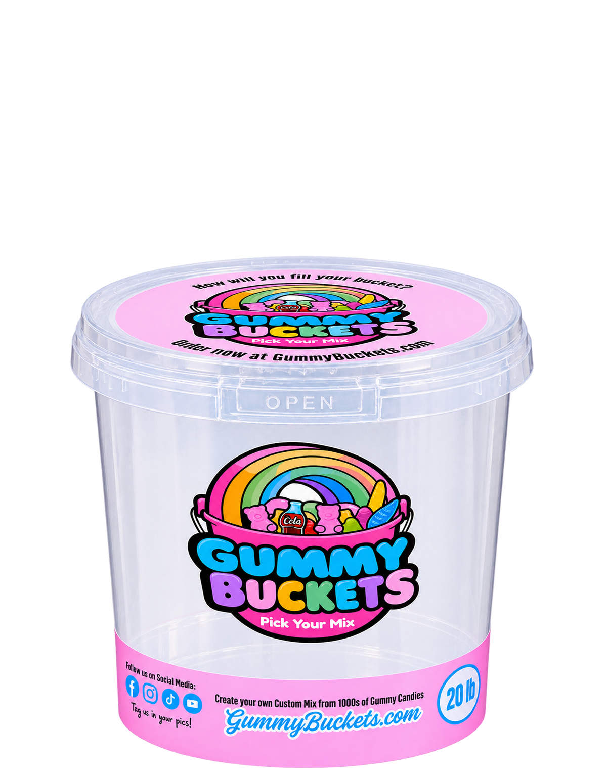 A clear plastic lidded tub with a pink and multicolor Gummy Buckets label on the lid and a matching pink label around the lower side, shown on a plain white background.