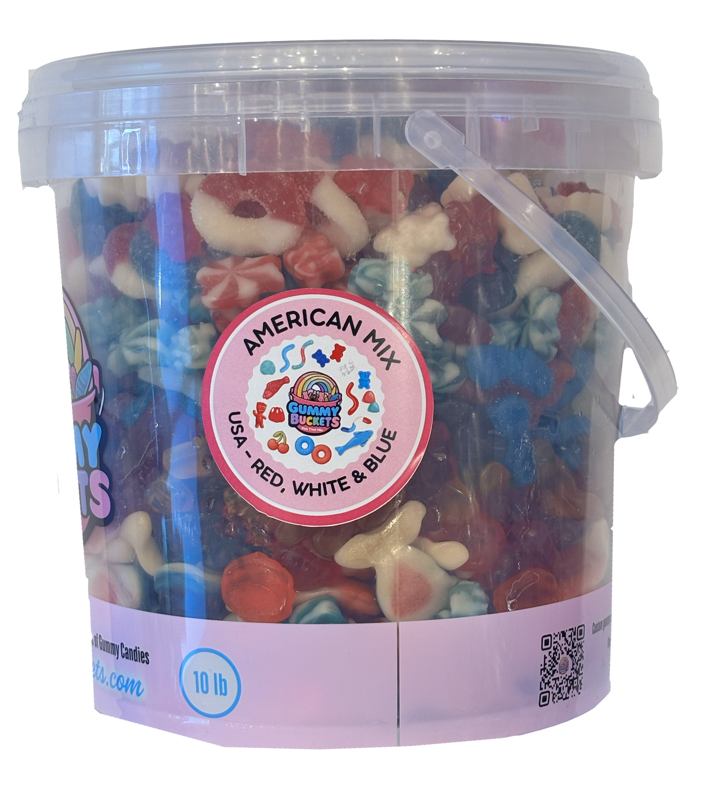 A 10 lb clear plastic tub filled with assorted gummy candies, featuring a pink and white label with a circular 'American Mix' sticker. The tub has a clear lid and a translucent handle, shown against a plain white background.