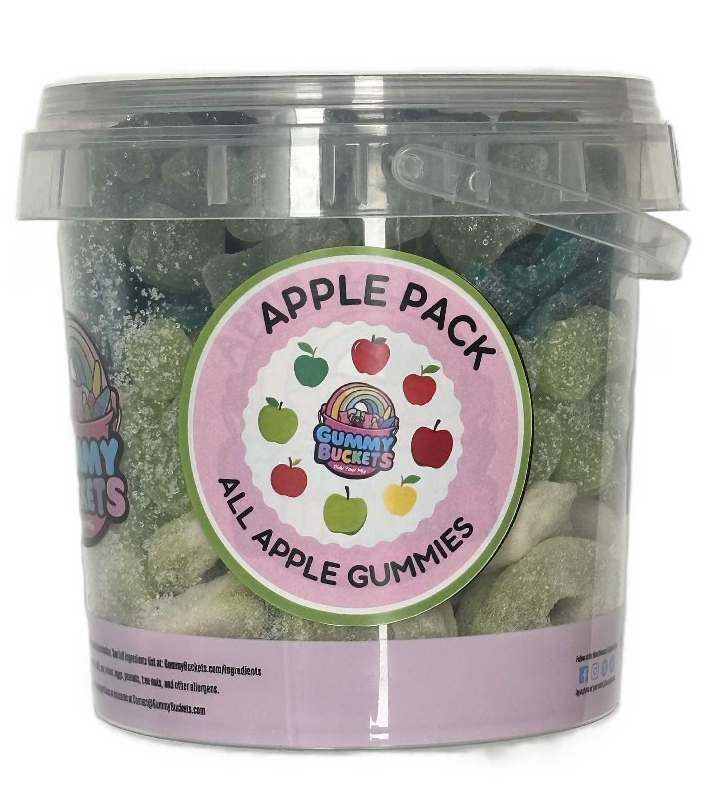 A clear plastic bucket filled with assorted sugar-coated apple-shaped gummies, featuring a pink circular label that reads 'APPLE PACK' and 'ALL APPLE GUMMIES' with the Gummy BUCKS logo.