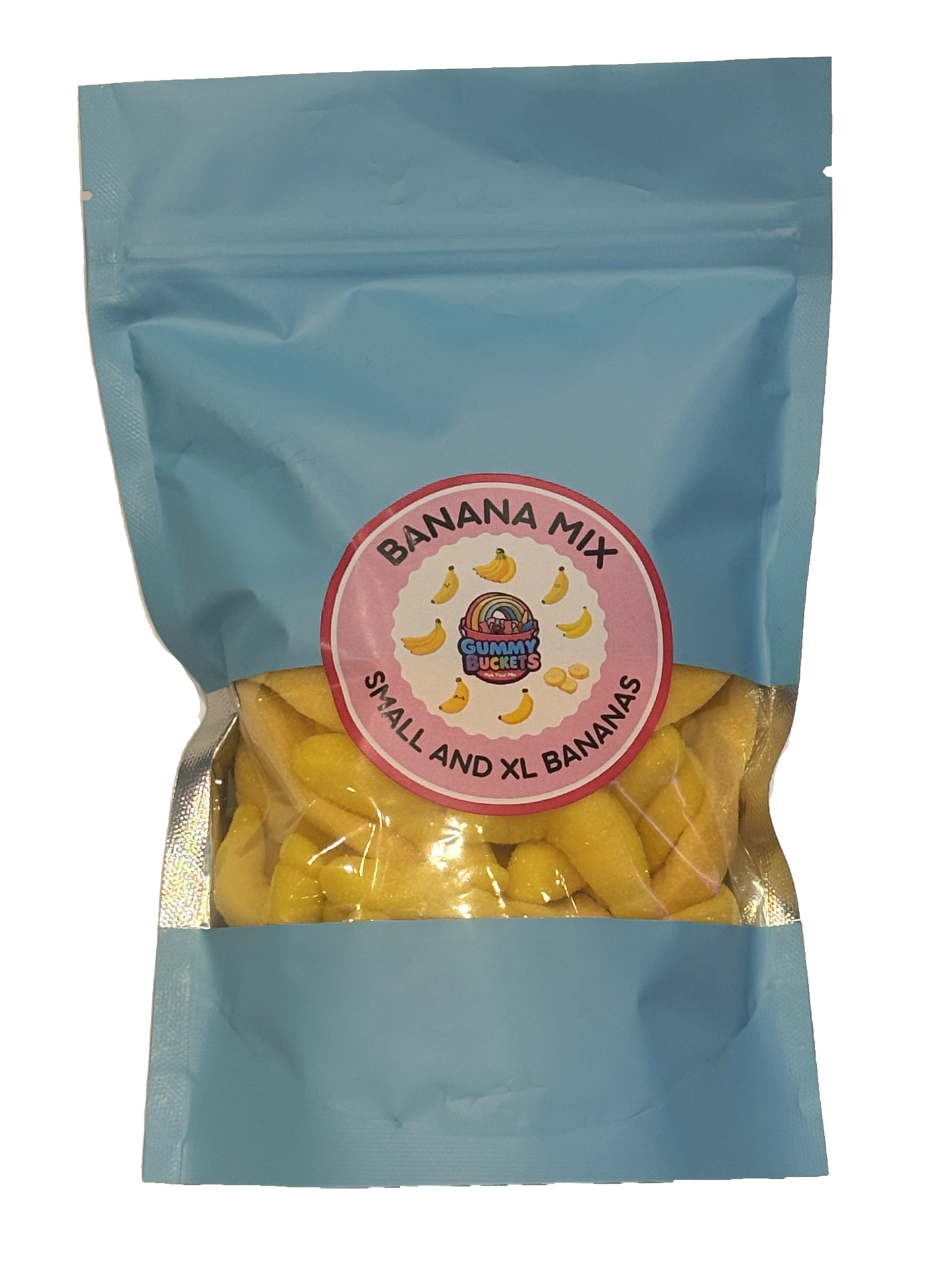 A light blue resealable stand-up pouch containing yellow banana-shaped snacks, with a round pink and white label reading 'BANANA MIX' and 'SMALL AND XL BANANAS.'.