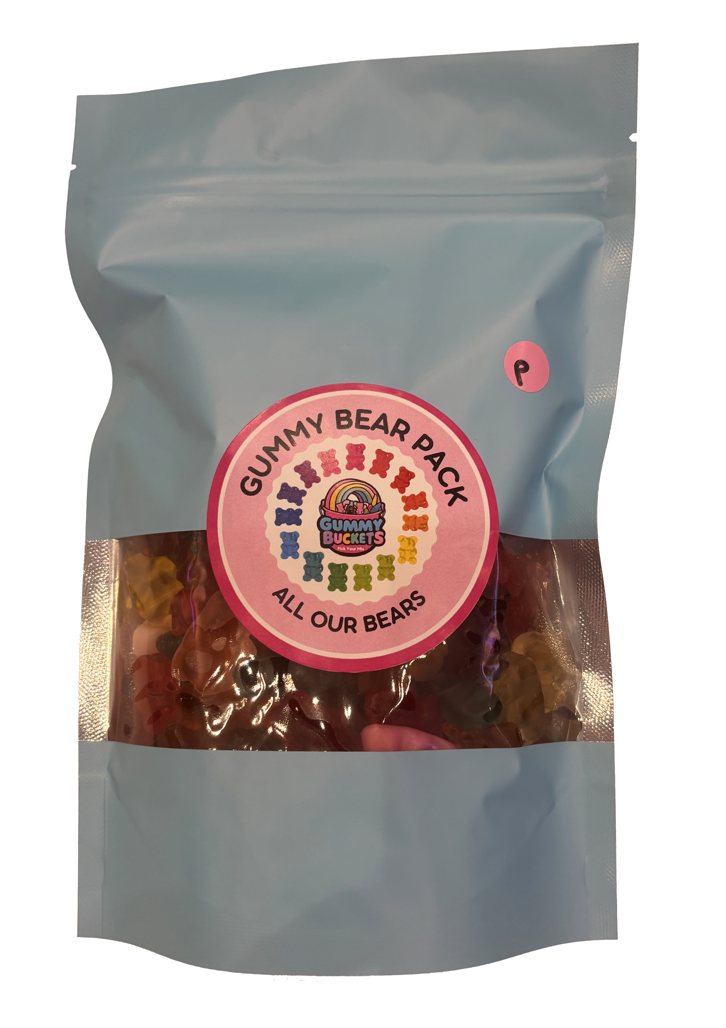 A light blue stand-up pouch of 'Gummy Bear Pack' gummy bears by Gummy Bears LLC, featuring a clear window showing the colorful gummy bears inside and a pink circular label on the front.