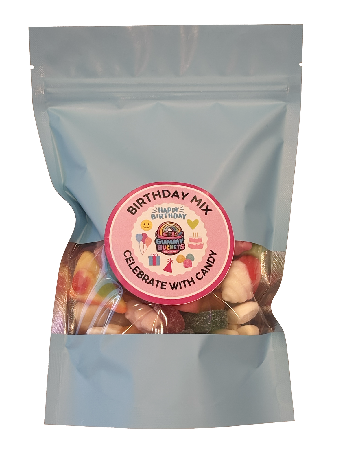 A light blue resealable stand-up pouch filled with assorted colorful gummy candies and sweets, with a round pink label reading 'Birthday Mix' and 'Celebrate with Candy' on a white background.