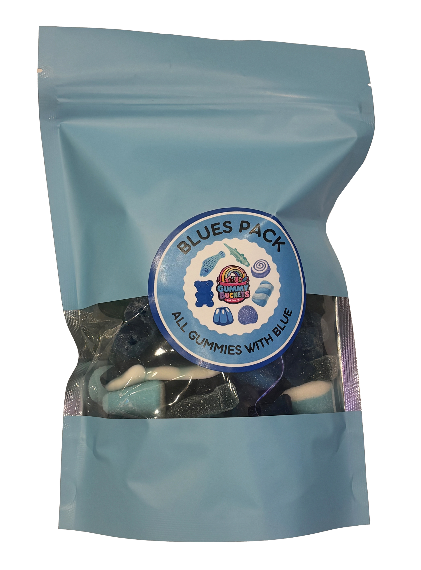 A light blue resealable stand-up pouch with a clear window showing dark blue, navy, and black gummy candies including sharks, bears, rings, and worms inside. A round blue label on the front reads 'BLUES PACK' and 'ALL GUMMIES WITH BLUE' with the Gummy Buckets logo surrounded by illustrated blue candy icons in the center.