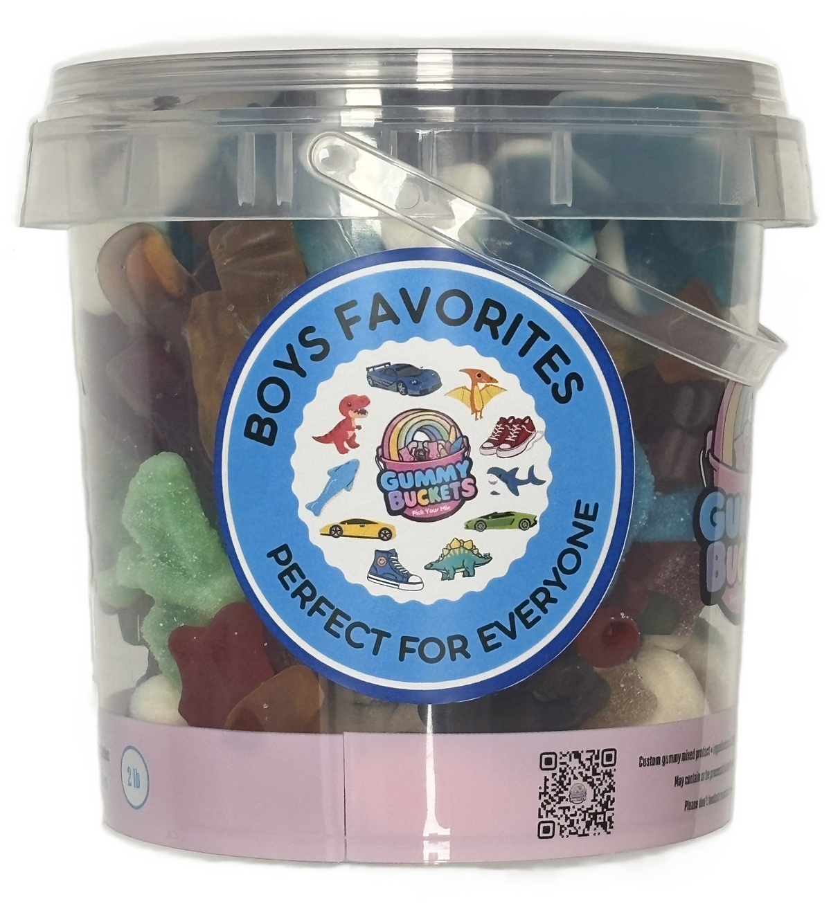 A clear plastic bucket filled with assorted colorful gummy candies, featuring a large round blue label that reads 'BOYS FAVORITES PERFECT FOR EVERYONE' with cartoon illustrations and the 'Gummy Buckets' logo.