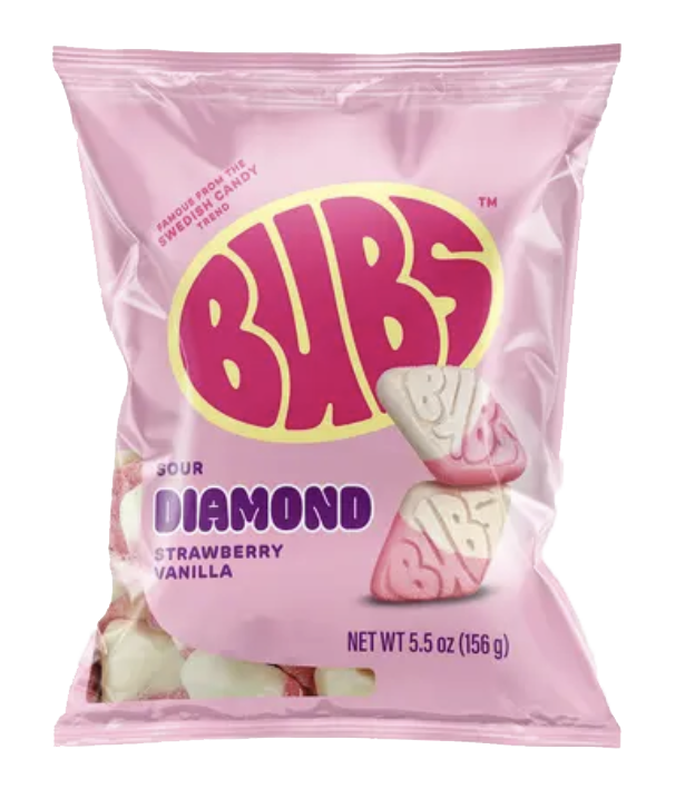 BUBS strawberry and vanilla diamond gummy candy packaging.