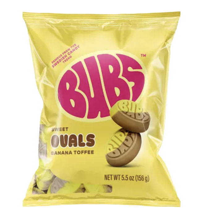 BUBS banana and toffee oval gummy candy packaging.