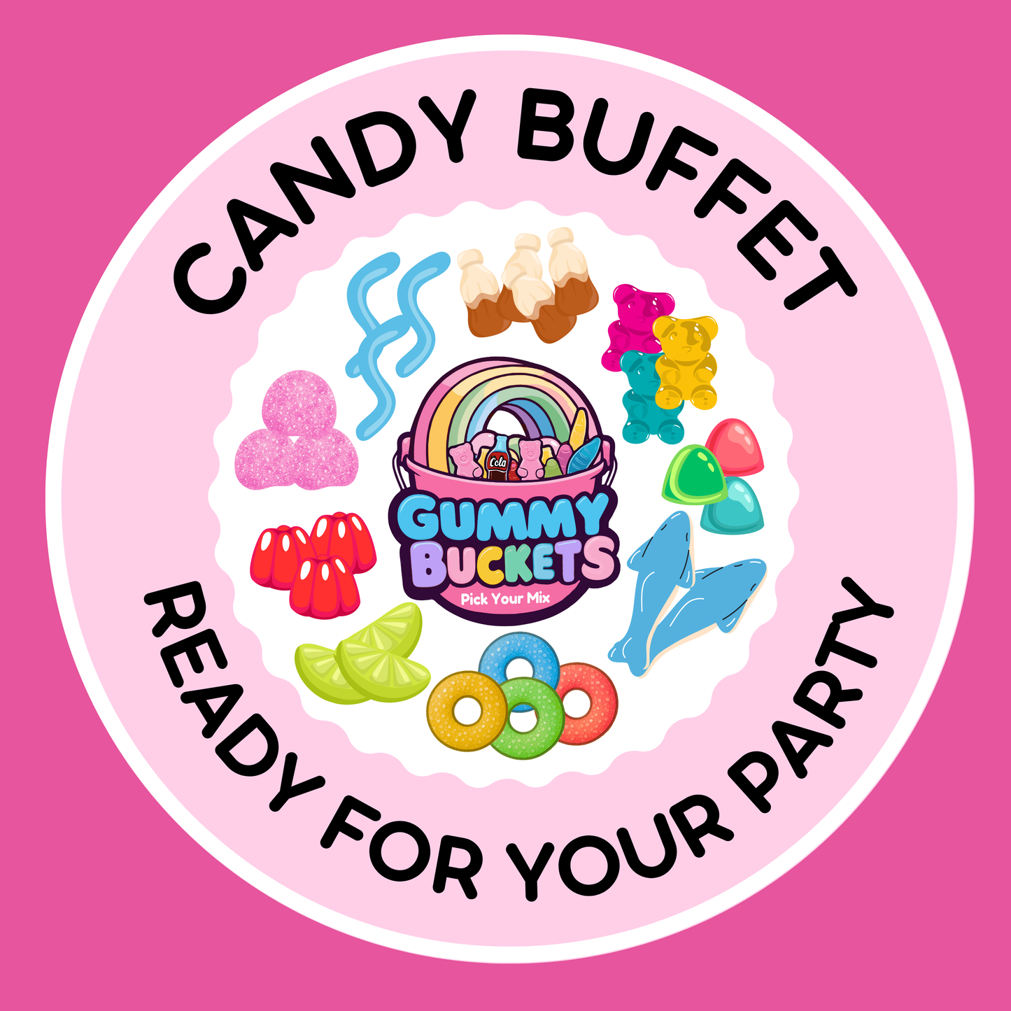 Circular logo for 'Candy Buffet' with 'Gummy Buckets' on a pink background