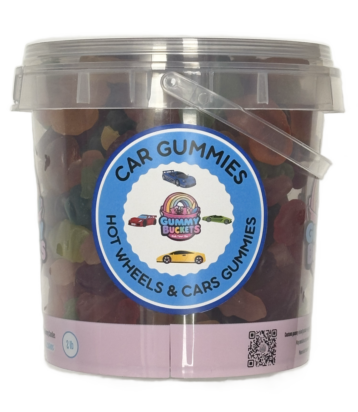 A clear plastic bucket filled with assorted car-themed gummy candies, featuring a large circular blue and white label that reads 'CAR GUMMIES HOT WHEELS & CARS GUMMIES' with the brand 'Gummy Buckets' in the center.