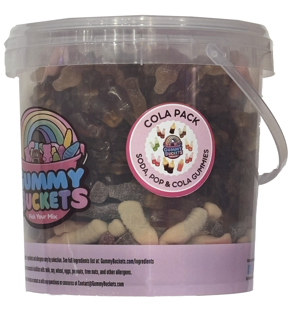 A clear plastic bucket filled with assorted gummy candies, featuring a pink and white label with the brand name Gummy Buckets and a circular 'COLA PACK' sticker.
