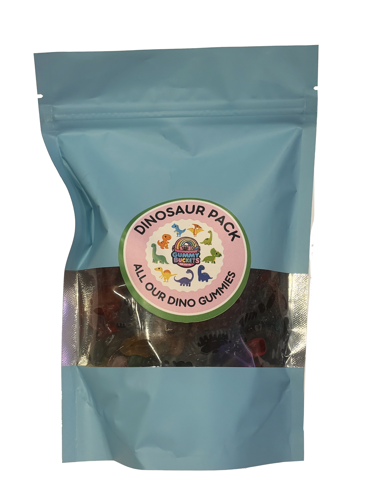 A light blue resealable stand-up pouch containing a dinosaur-themed gummy candy mix. A circular label on the front reads 'DINOSAUR PACK' and 'ALL OUR DINO GUMMIES,' with colorful dinosaur illustrations and the brand name 'Dino Gummy Bites.