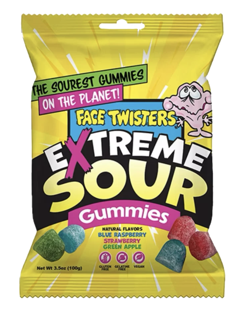Yellow Face Twisters Extreme Sour Gummies bag showing colorful sugar-coated gummy pieces.
