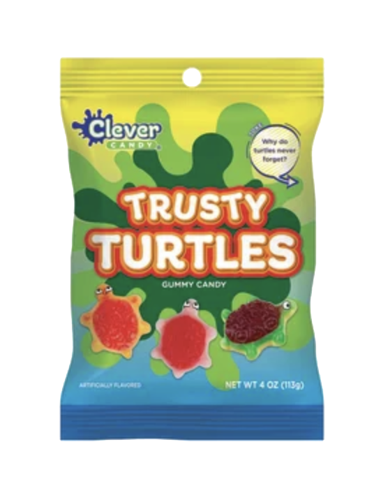 Green Clever Candy Trusty Turtles gummy candy pouch with turtle-shaped candy illustrations.