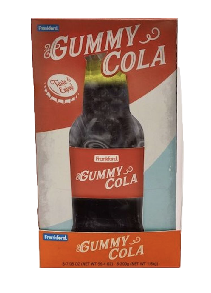 Frankford Gummy Cola Bottle in its original retail packaging. The box features a clear window displaying a the cola and a bottle cap image on the left and then red, white and light blue stripes.