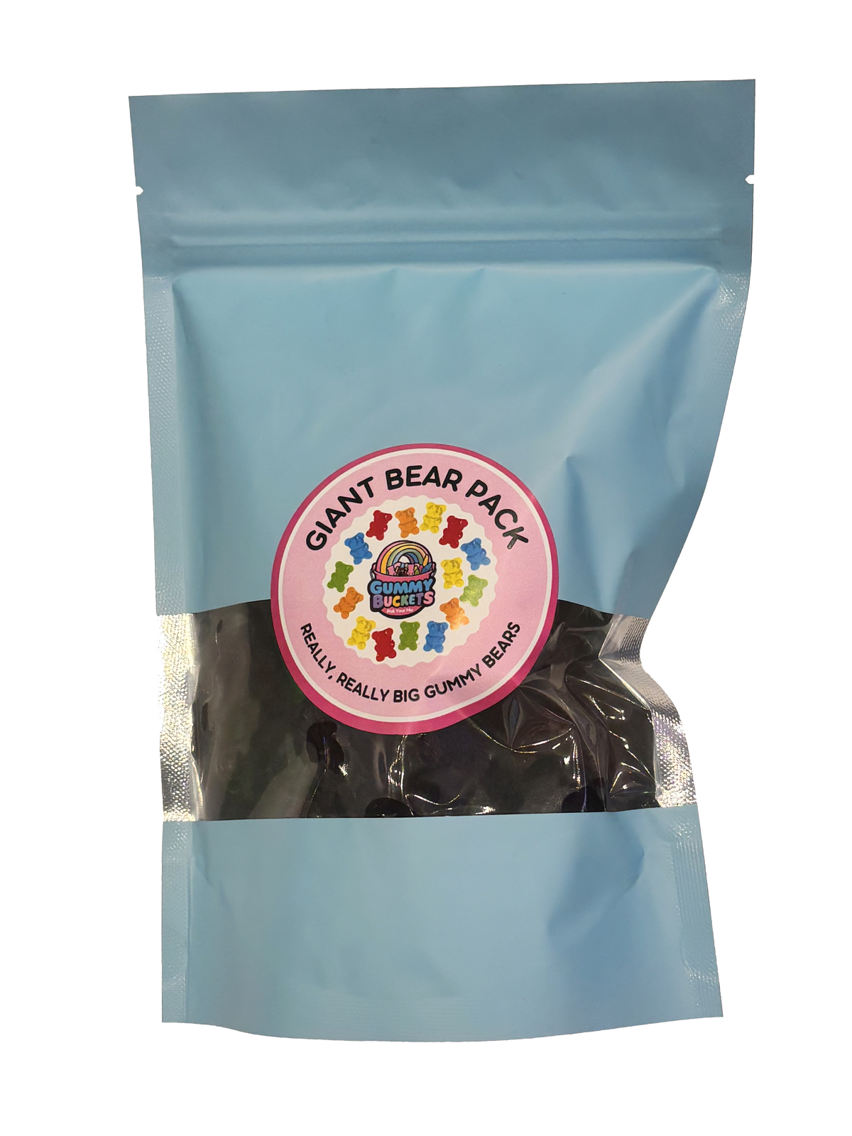 A light blue resealable stand-up pouch with a clear window showing large oversized gummy bears in red, orange, yellow, green, and purple inside. A round pink label on the front reads 'GIANT BEAR PACK' and 'REALLY, REALLY BIG GUMMY BEARS' with the Gummy Buckets logo surrounded by illustrated colorful giant gummy bear icons in the center.