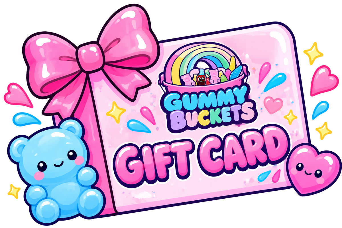 Gummy Buckets Gift Card - a cute pink cartoon gift card wrapped in a bow with a blue bear beside it. Says Gift Cards on it.