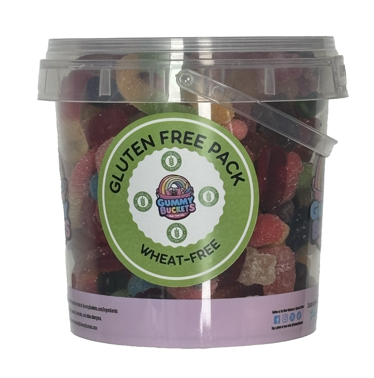 A clear plastic bucket filled with assorted gummy candies, featuring a large green circular label that reads 'Gluten Free Pack' and 'Wheat-Free' with the Gummy Buckets logo. The bucket has a translucent lid and a small side handle, set against a plain white background.