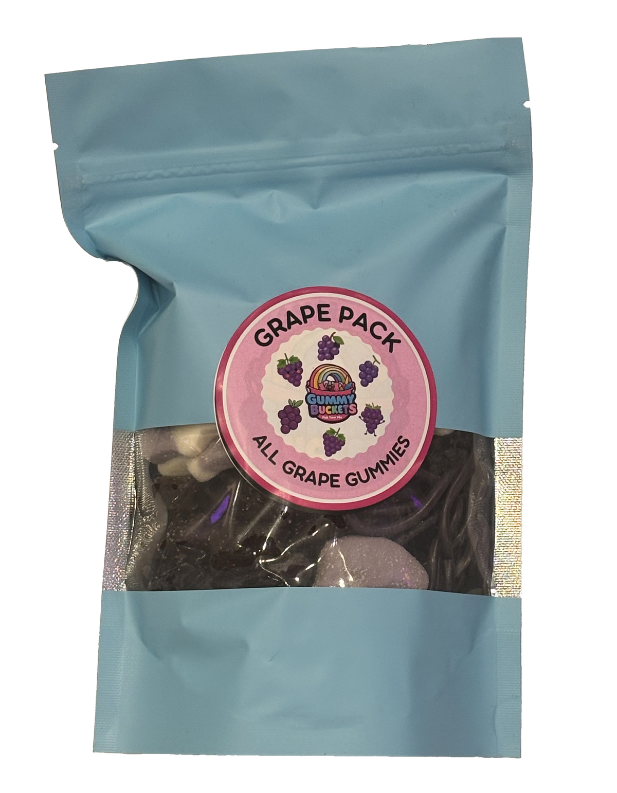 A light blue resealable stand-up pouch with a clear window showing deep purple grape-flavored gummy candies including rings and bears inside. A round pink label on the front reads 'GRAPE PACK' and 'ALL GRAPE GUMMIES' with the Gummy Buckets logo surrounded by illustrated grape cluster icons in the center.