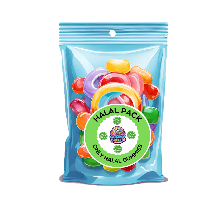 A blue resealable stand-up pouch of colorful gummy candies with a large green circular label reading 'HALAL PACK' and 'ONLY HALAL GUMMIES.' The pouch is shown on a plain white background.
