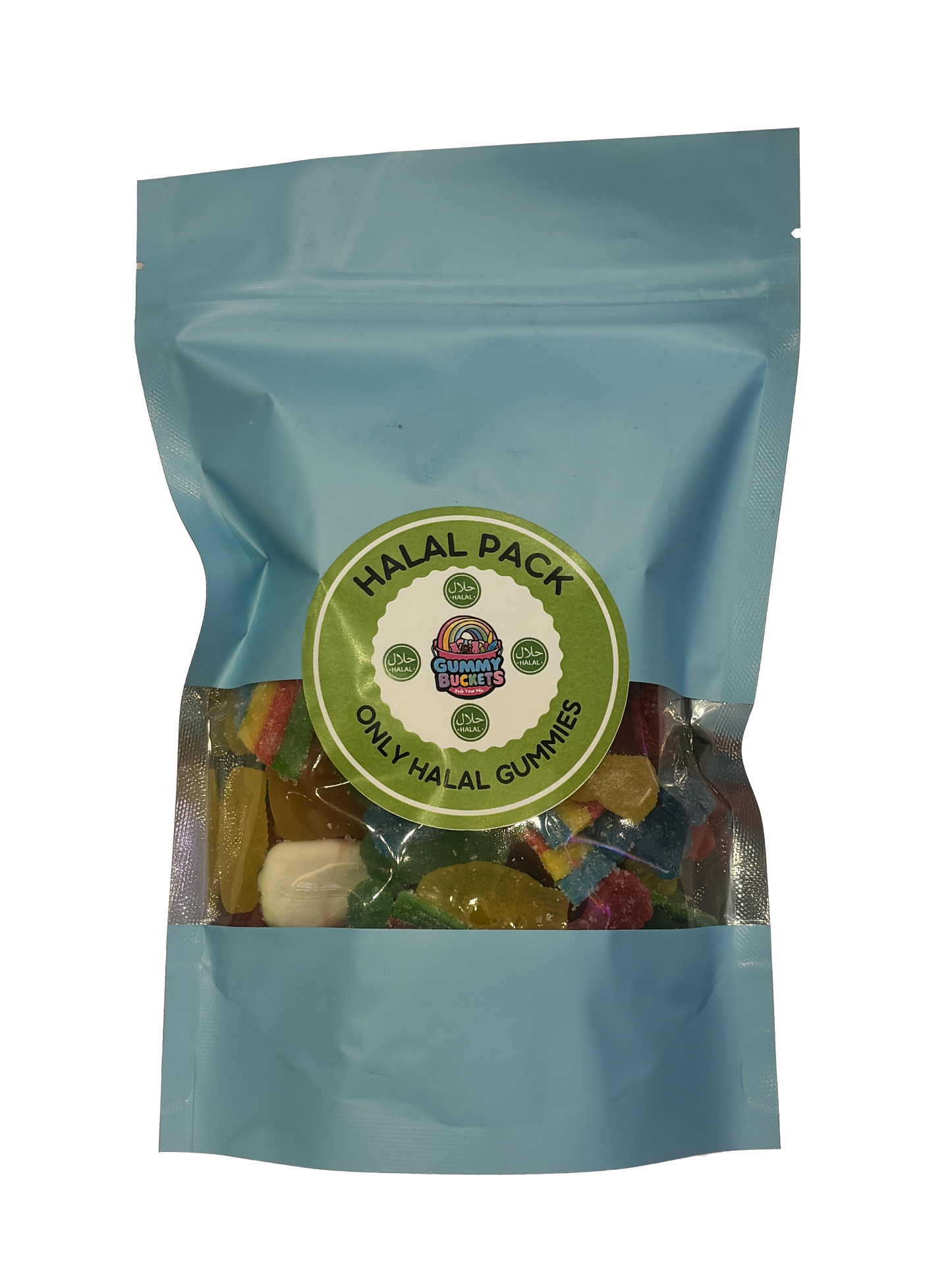 A light blue resealable stand-up pouch with a clear window showing a colorful assortment of halal-certified gummy candies including bears, rings, frogs, and fruit shapes inside. A round green label on the front reads 'HALAL PACK' and 'ONLY HALAL GUMMIES' with the Gummy Buckets logo surrounded by illustrated halal certification symbols in the center.