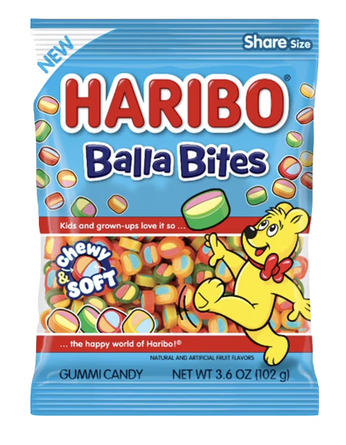 Blue HARIBO Balla Bites bag showing multicolored candy pieces through its window.