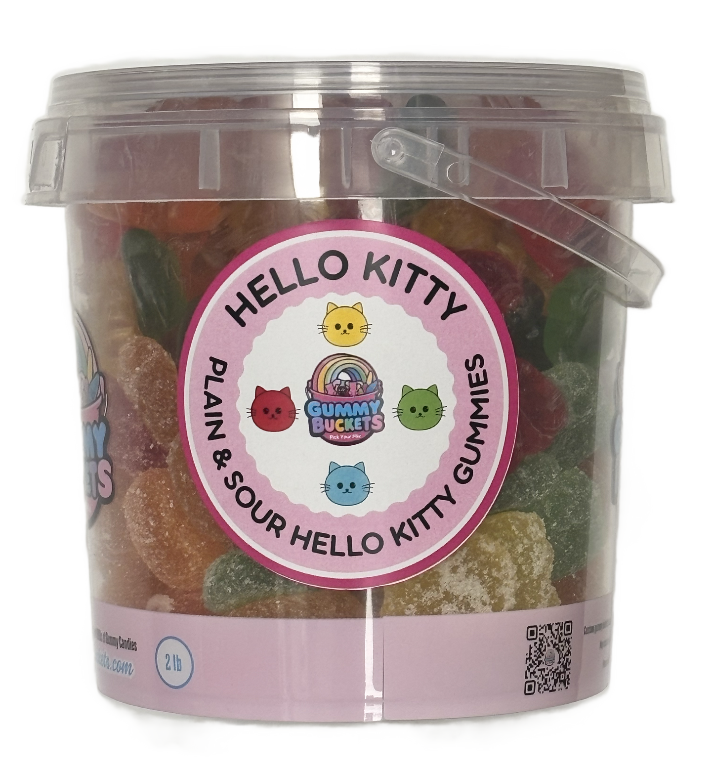 A clear plastic bucket of Hello Kitty Gummy BUCKS gummy candies with a pink and white label, filled with assorted gummy bears in various colors.