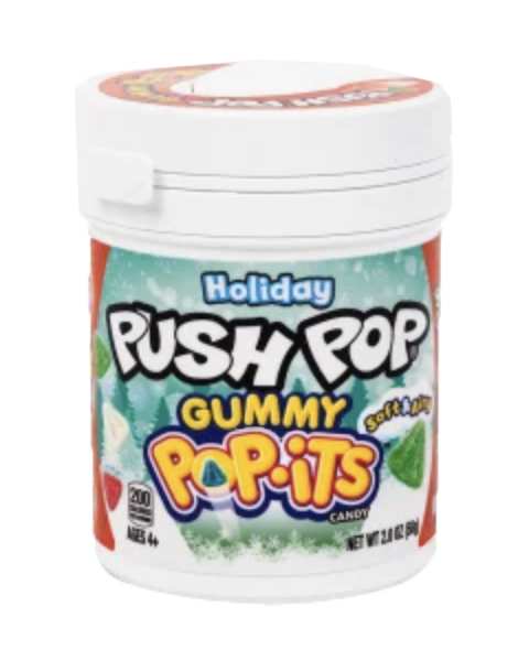 Holiday Push Pop Gummy Pop-its candy in a festive container.