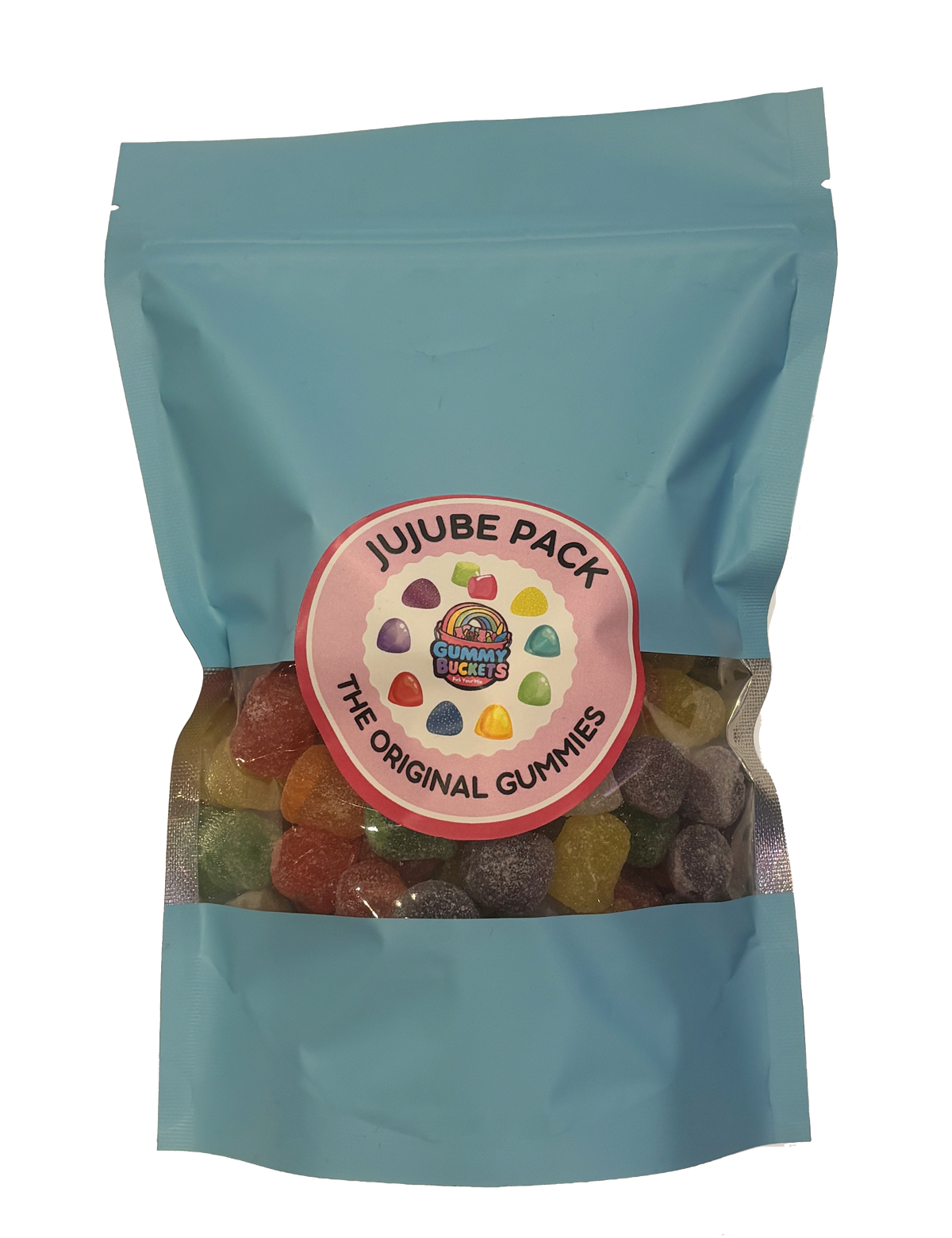 A light blue stand-up pouch of Jelly Babies Jujube Pack gummy candies, with a clear window showing the colorful gummies inside.