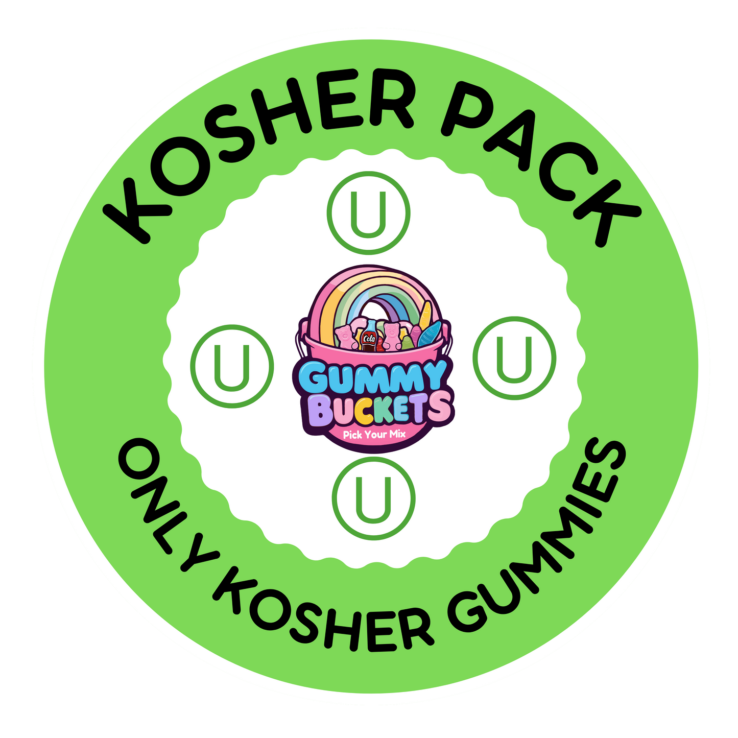 A circular green and white sticker or label reading 'KOSHER PACK' and 'ONLY KOSHER GUMMIES' with the Gummy Buckets logo in the center, on a plain white background.