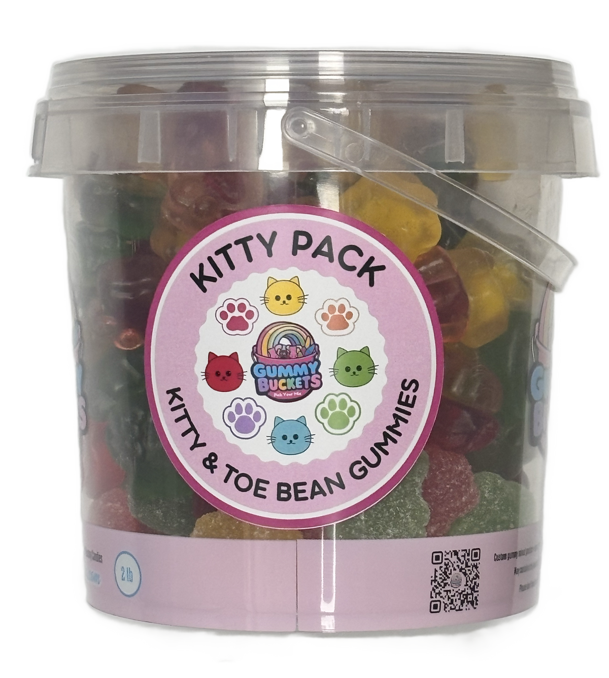 A clear plastic tub filled with assorted gummy candies, featuring a round pink label that reads 'KITTY PACK' and 'KITTY & TOE BEAN GUMMIES' with colorful cat and paw print illustrations. The tub has a clear lid and handle, photographed on a white background.
