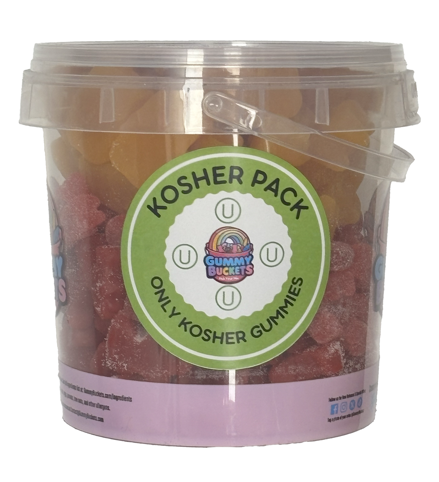 A clear plastic bucket filled with assorted Kosher gummies, featuring a prominent green and white circular label that reads 'KOSHER PACK ONLY KOSHER GUMMIES' with the Gummy Buckets logo in the center.