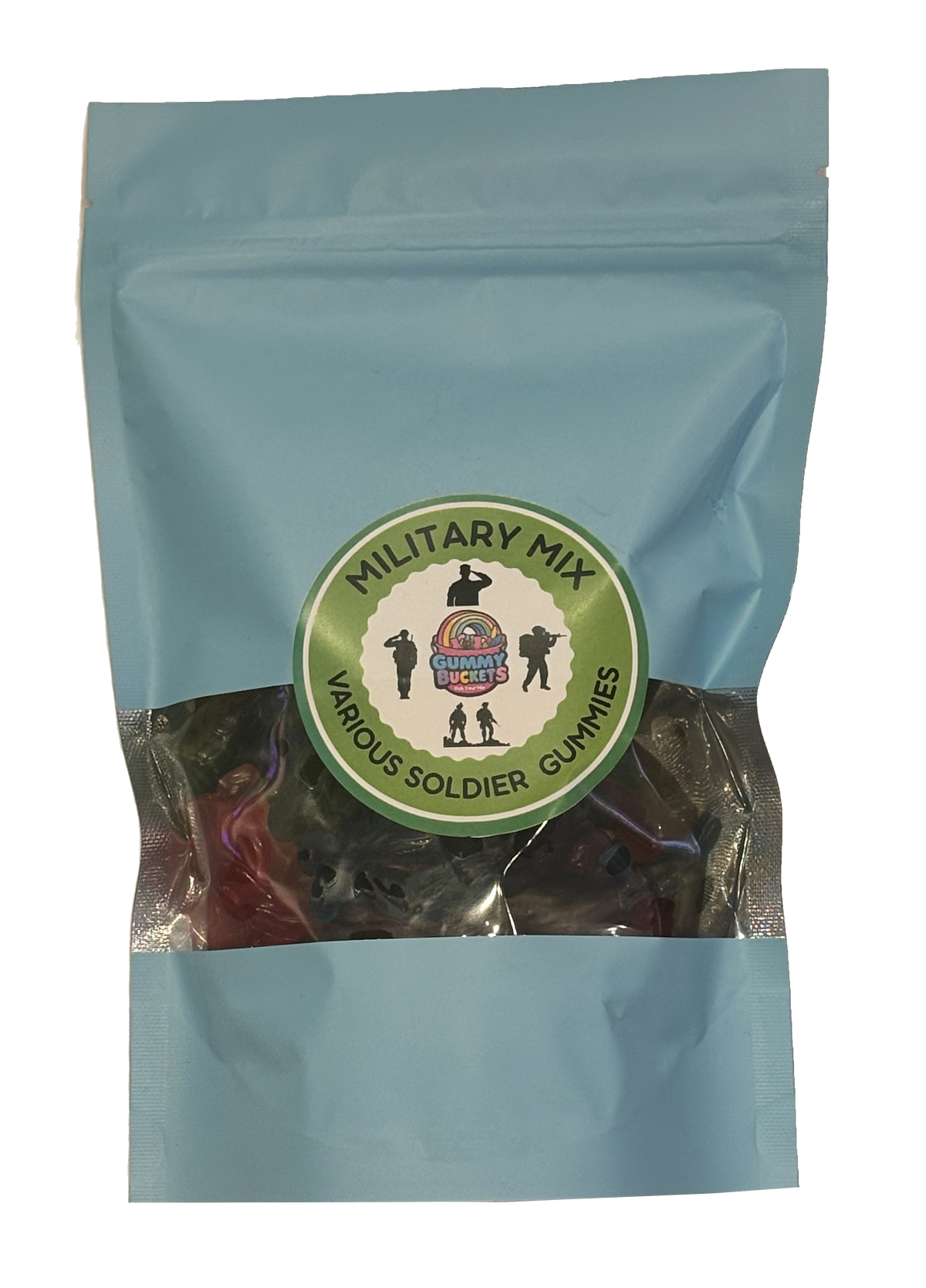 A light blue resealable stand-up pouch with a clear window showing dark green and black military soldier-shaped gummy candies inside. A round green label on the front reads 'MILITARY MIX' and 'VARIOUS SOLDIER GUMMIES' with the Gummy Buckets logo flanked by illustrated soldier silhouettes in the center.