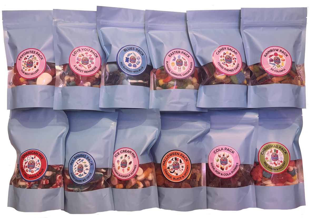 12 Bags of various gummies - our best sellers. Something for every month of the year.
