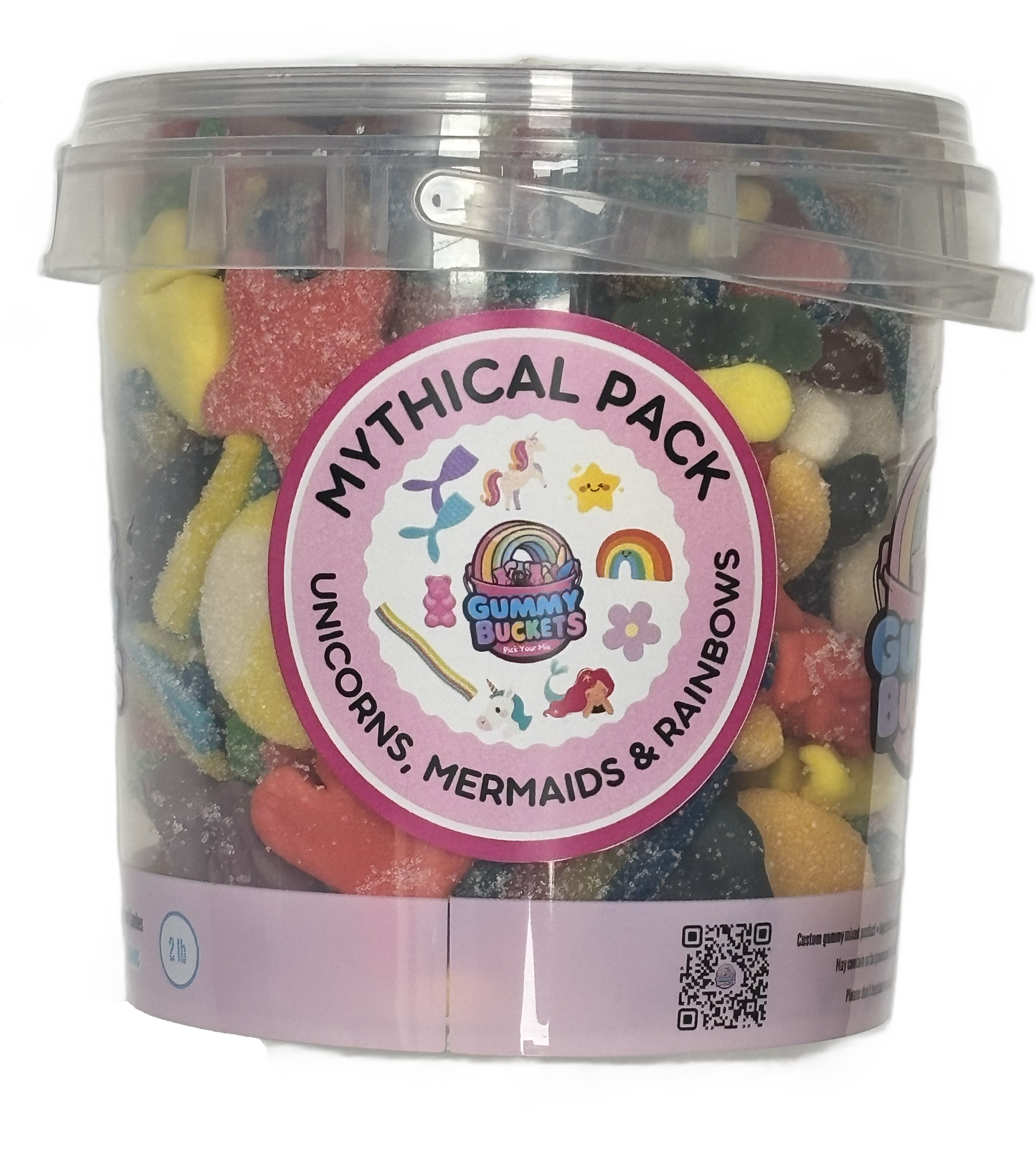 A clear plastic tub filled with assorted colorful gummy candies, featuring a round pink label that reads 'MYTHICAL PACK' and 'UNICORNS, MERMAIDS & RAINBOWS' with cartoon illustrations. The Gummy Buckets logo is visible on the label.