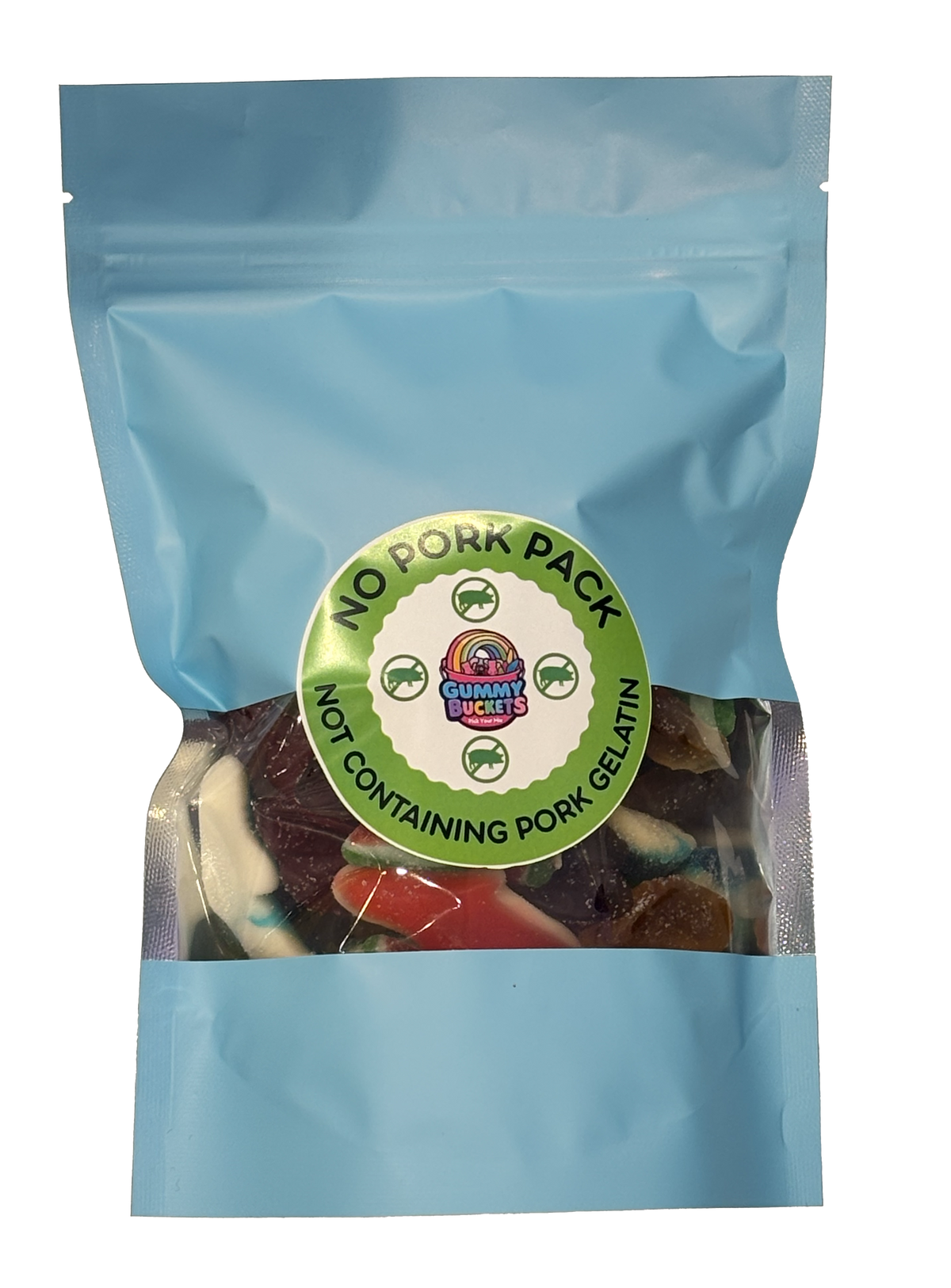 A light blue stand-up pouch of gourmet biscuits containing multicolored gummy candies, with a circular green and white label reading 'NO PORK PACK' and 'NOT CONTAINING PORK GELATIN'.