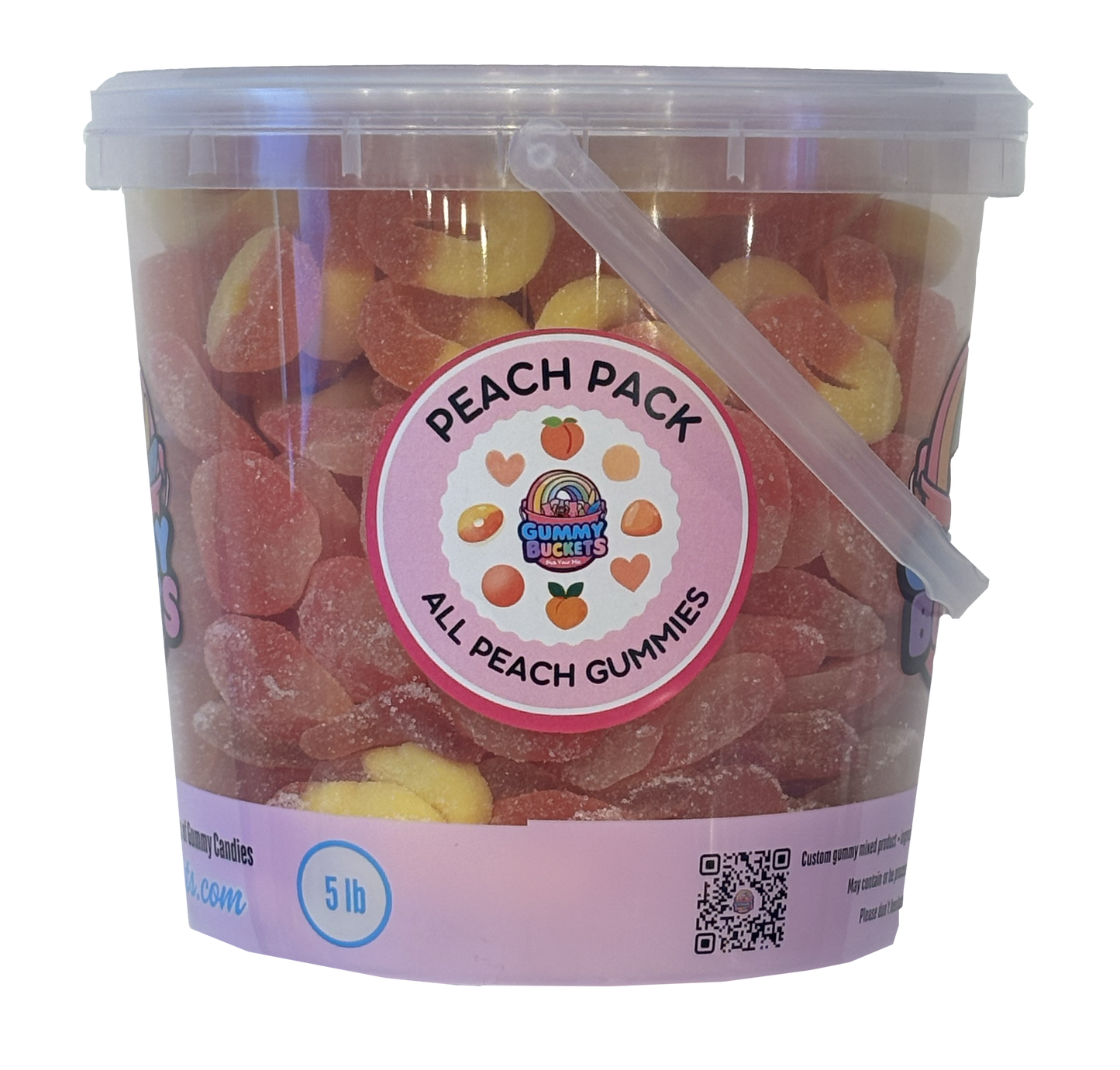 A 5 lb clear plastic bucket filled with assorted peach-shaped gummy candies, featuring a pink circular label that reads 'PEACH PACK' and 'ALL PEACH GUMMIES' with a cartoon character. A clear plastic scoop rests inside the bucket.
