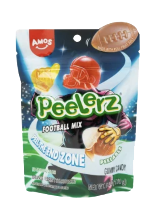 Amos Peelerz football gummy candy packaging.