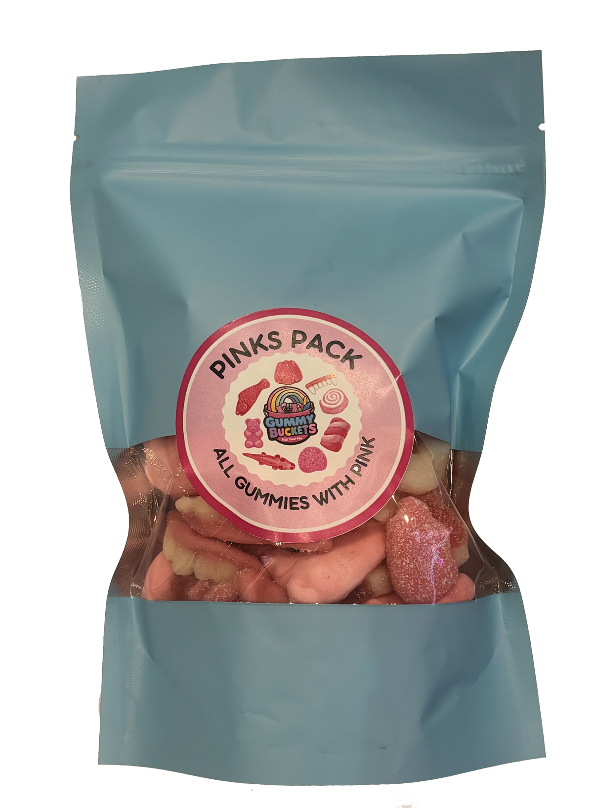 A light blue resealable stand-up pouch with a clear window showing a pink and white assortment of gummy candies including bears, worms, swirls, and fruit shapes inside. A round pink label on the front reads 'PINKS PACK' and 'ALL GUMMIES WITH PINK' with the Gummy Buckets logo surrounded by illustrated pink candy icons in the center.