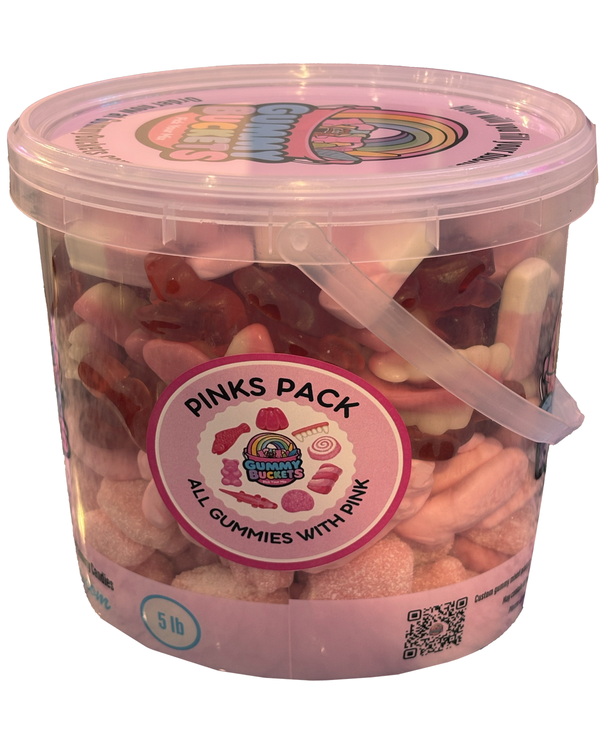 A 5 lb clear plastic tub filled with assorted pink gummy candies, featuring a pink lid and a round label that reads 'PINKS PACK' and 'ALL GUMMIES WITH PINK' from Candy Cakes Bakery.