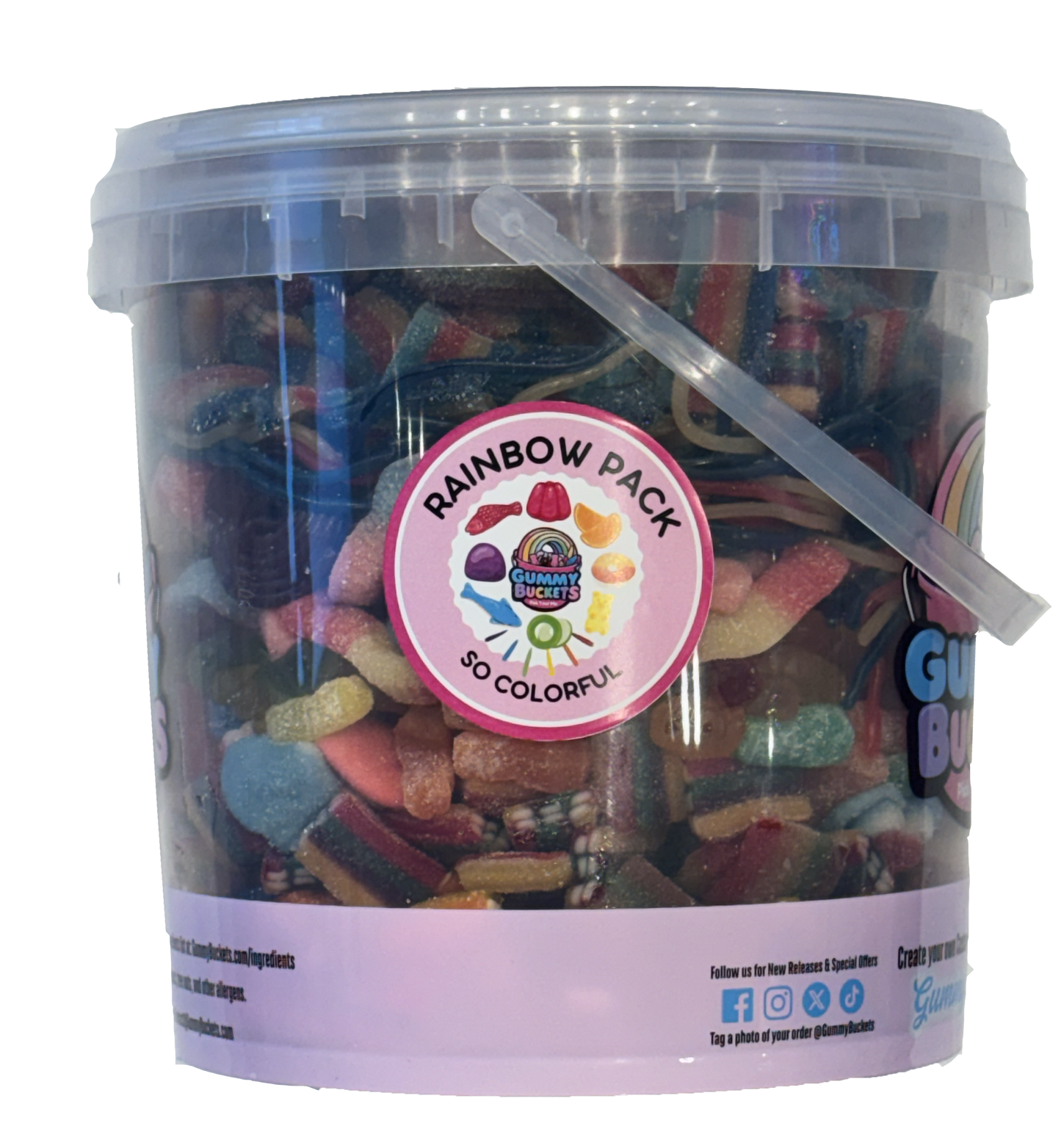 A clear plastic bucket filled with assorted gummy candies and sour gummy worms, with a translucent lid and straw. A round pink label on the front reads 'RAINBOW PACK' and 'SO COLORFUL,' with the Gummy Bites logo in the center.