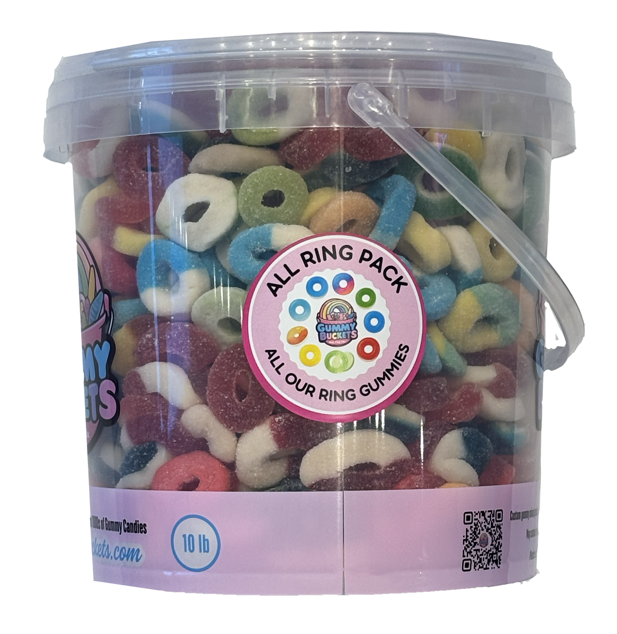 A 10 lb clear plastic bucket filled with assorted colorful ring-shaped gummy candies, featuring a pink label that reads 'ALL RING PACK' and a clear plastic handle.