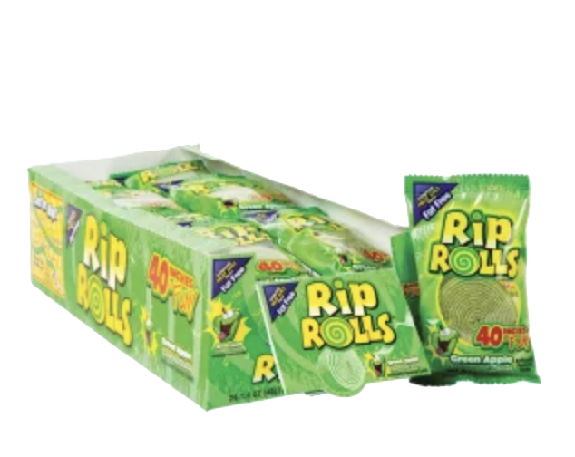 Green Apple Rip Rolls candy pouch beside a green display box.