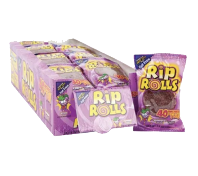 Grape Rip Rolls candy pouch beside a purple display box.