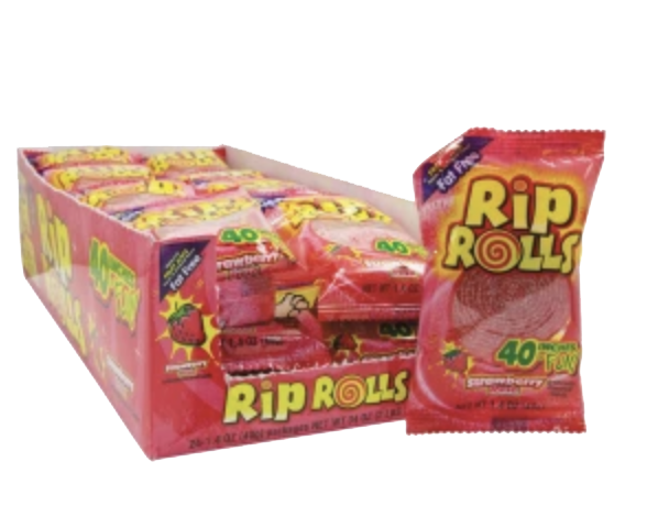 Strawberry Rip Rolls candy pouch beside a pink display box of individually wrapped rolls.