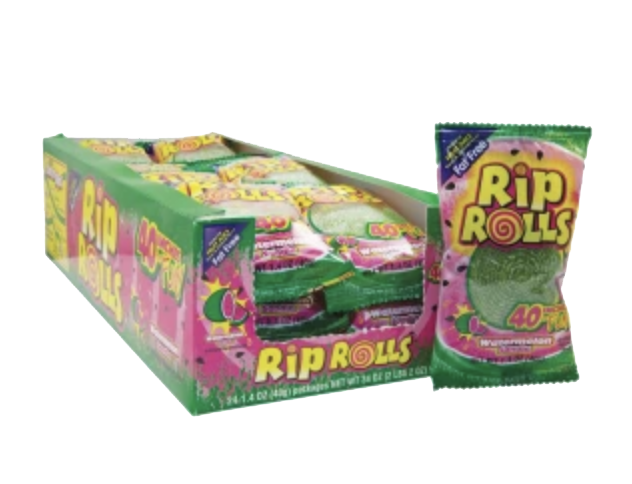 Watermelon Rip Rolls candy pouch beside a green and pink display box.