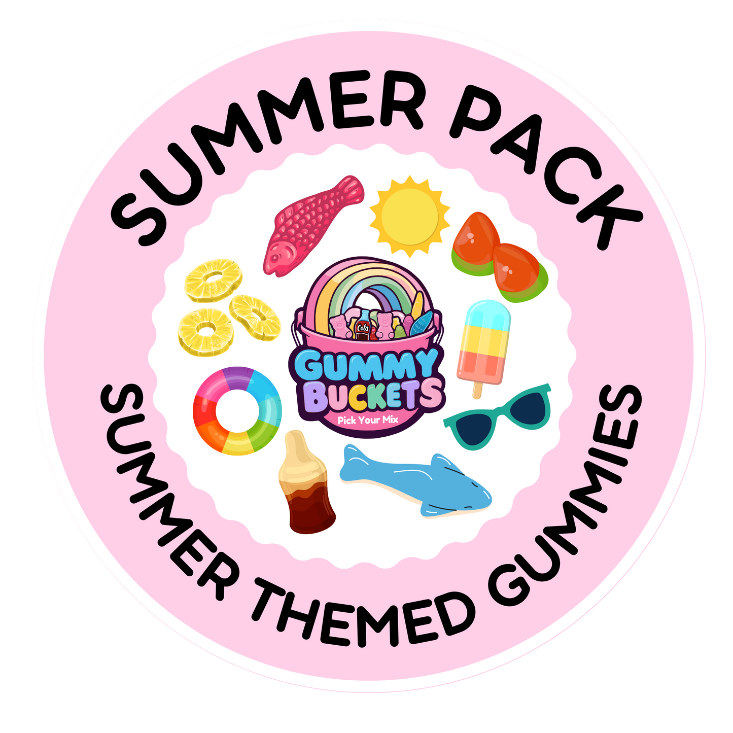 A circular pink sticker or label design reading 'SUMMER PACK' and 'SUMMER THEMED GUMMIES' around a central 'Gummy BUCKETS Gummies' logo, surrounded by summer-themed illustrations including a rainbow, sunglasses, ice cream, pineapple, watermelon, and a blue gummy shark.