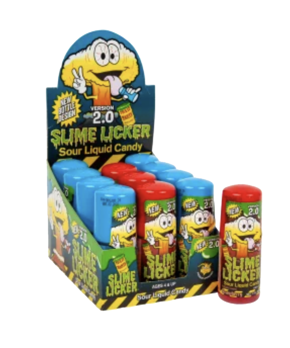 A retail display box and individual tubes of 'Slime Licker' sour liquid candy, featuring cartoon Minions characters in blue and red packaging on a white background.