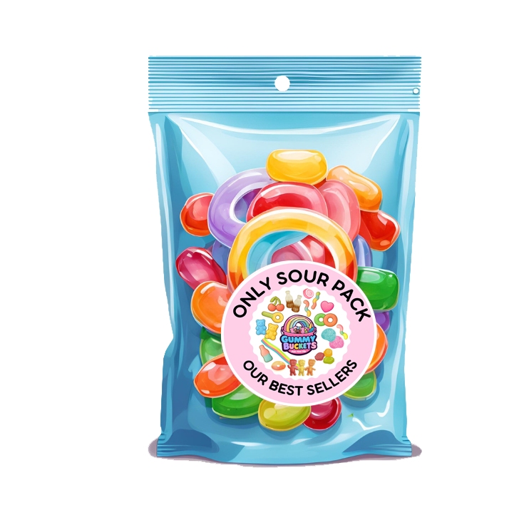 Packaged gummy candies with a blue transparent front, colorful gummies inside, and a pink label on a white background.