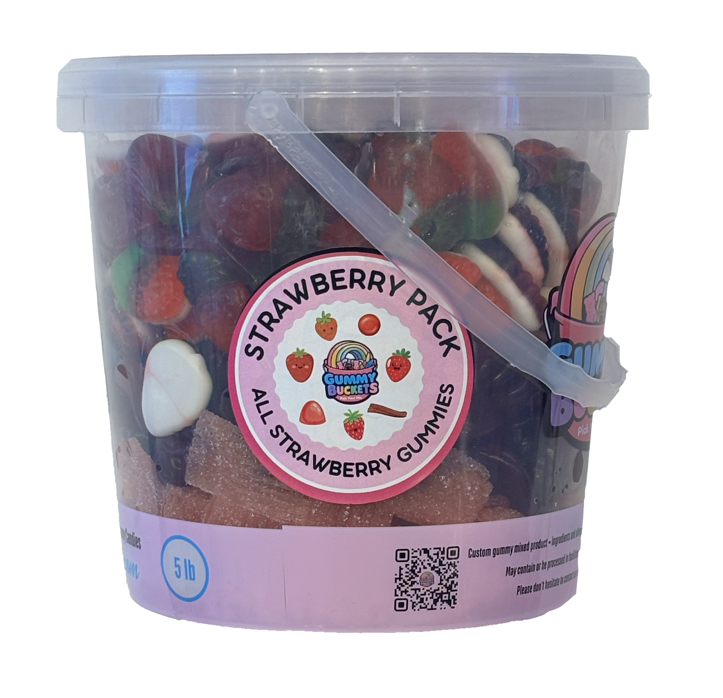 A 5 lb clear plastic tub filled with assorted strawberry gummy candies, featuring a pink circular 'Strawberry Pack' label on the front.
